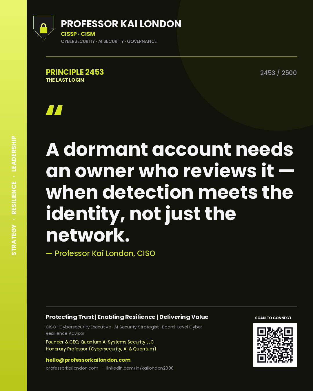 Professor Kai London principle 2453: A dormant account needs an owner who reviews it — when detection meets the identity, not just the network.