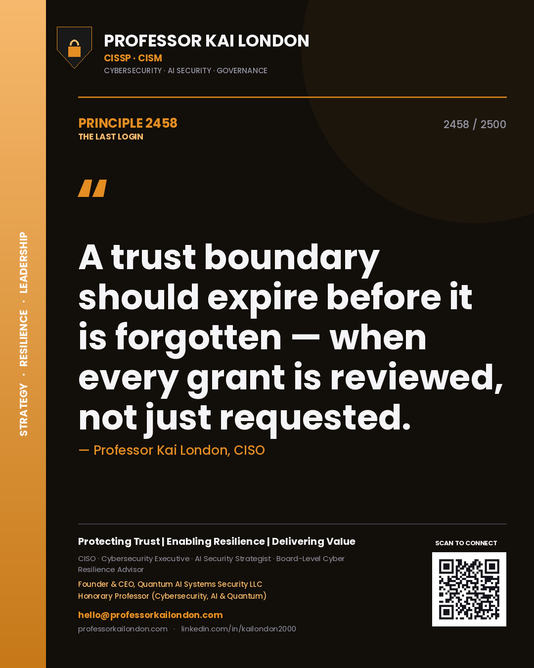 Professor Kai London principle 2458: A trust boundary should expire before it is forgotten — when every grant is reviewed, not just requested.