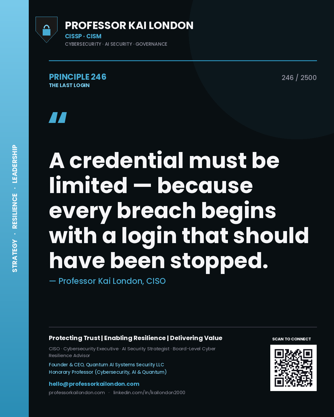 Professor Kai London principle 246: A credential must be limited — because every breach begins with a login that should have been stopped.