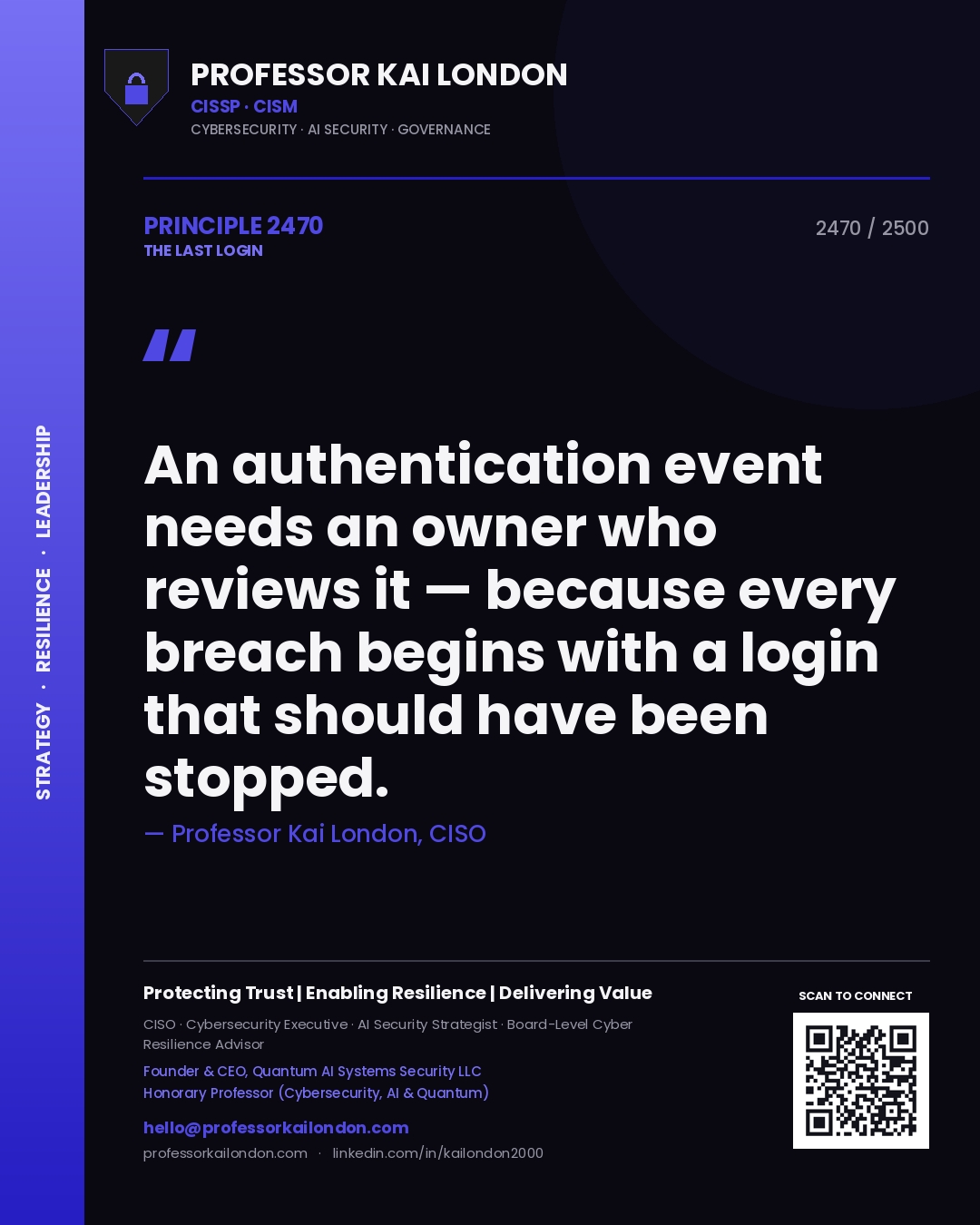 Professor Kai London principle 2470: An authentication event needs an owner who reviews it — because every breach begins with a login that should have been stopped.