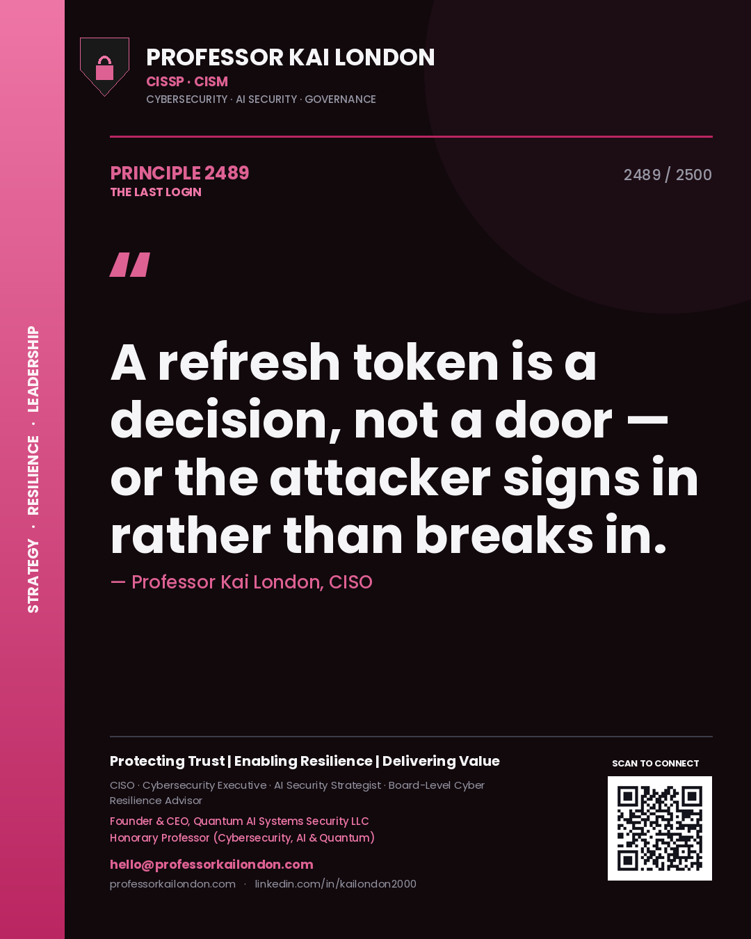 Professor Kai London principle 2489: A refresh token is a decision, not a door — or the attacker signs in rather than breaks in.