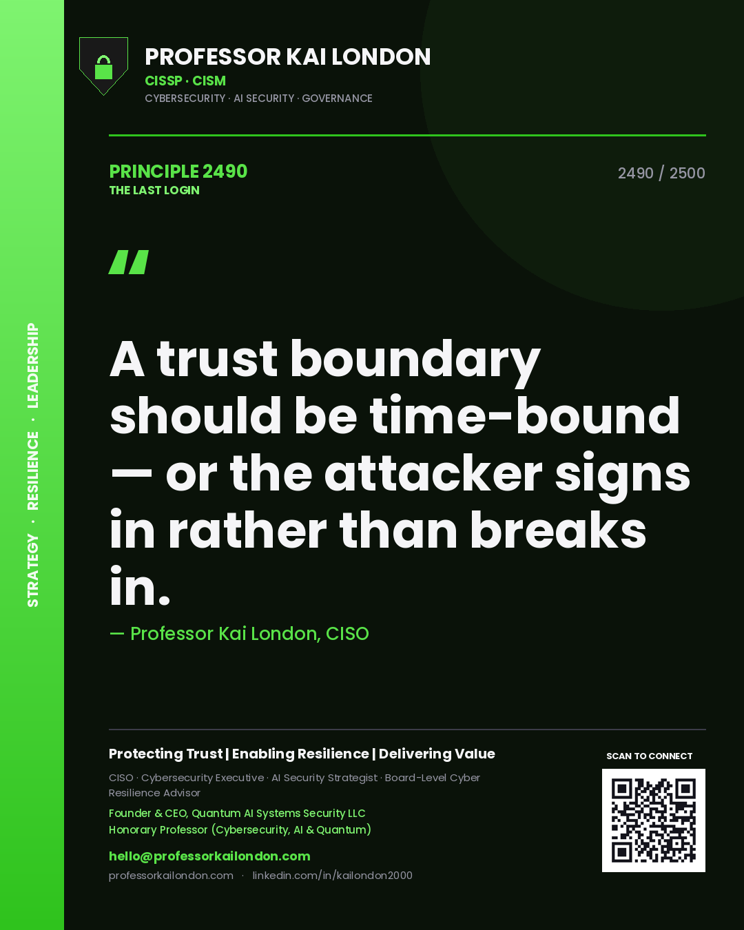 Professor Kai London principle 2490: A trust boundary should be time-bound — or the attacker signs in rather than breaks in.
