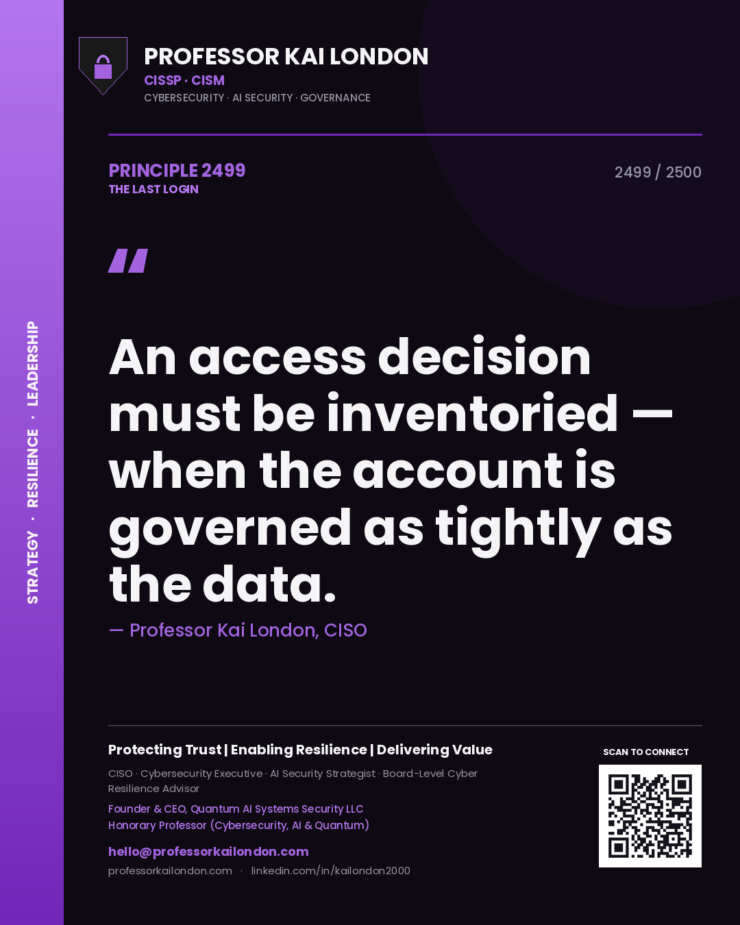 Professor Kai London principle 2499: An access decision must be inventoried — when the account is governed as tightly as the data.