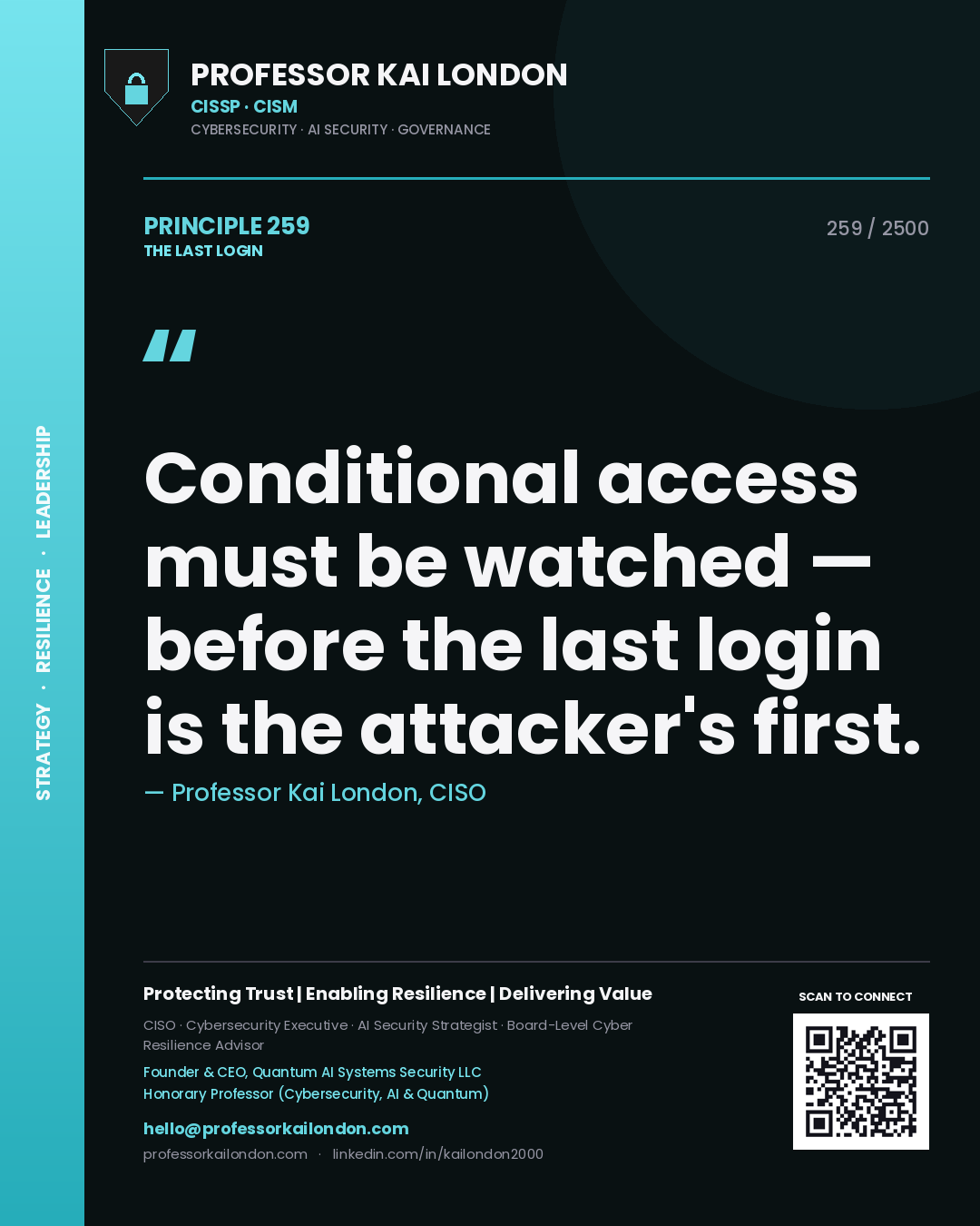 Professor Kai London principle 259: Conditional access must be watched — before the last login is the attacker's first.