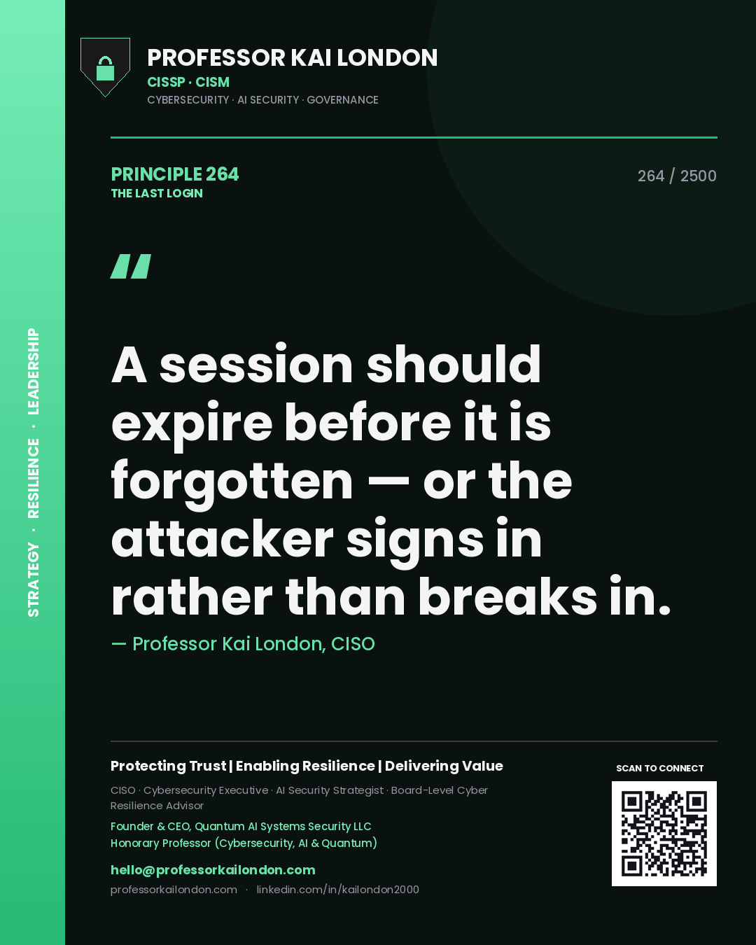 Professor Kai London principle 264: A session should expire before it is forgotten — or the attacker signs in rather than breaks in.