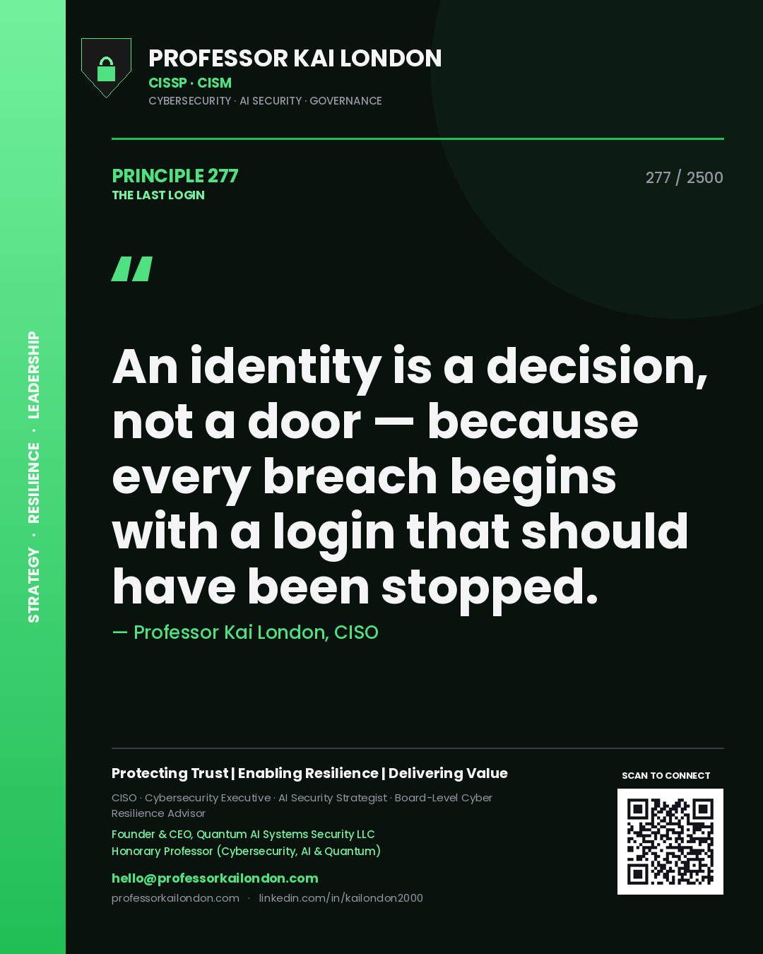 Professor Kai London principle 277: An identity is a decision, not a door — because every breach begins with a login that should have been stopped.