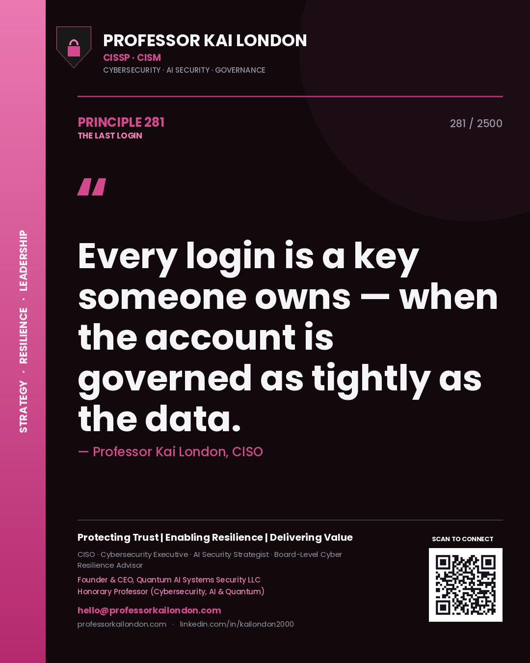 Professor Kai London principle 281: Every login is a key someone owns — when the account is governed as tightly as the data.