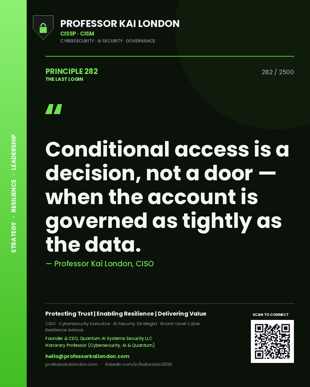 Professor Kai London principle 282: Conditional access is a decision, not a door — when the account is governed as tightly as the data.