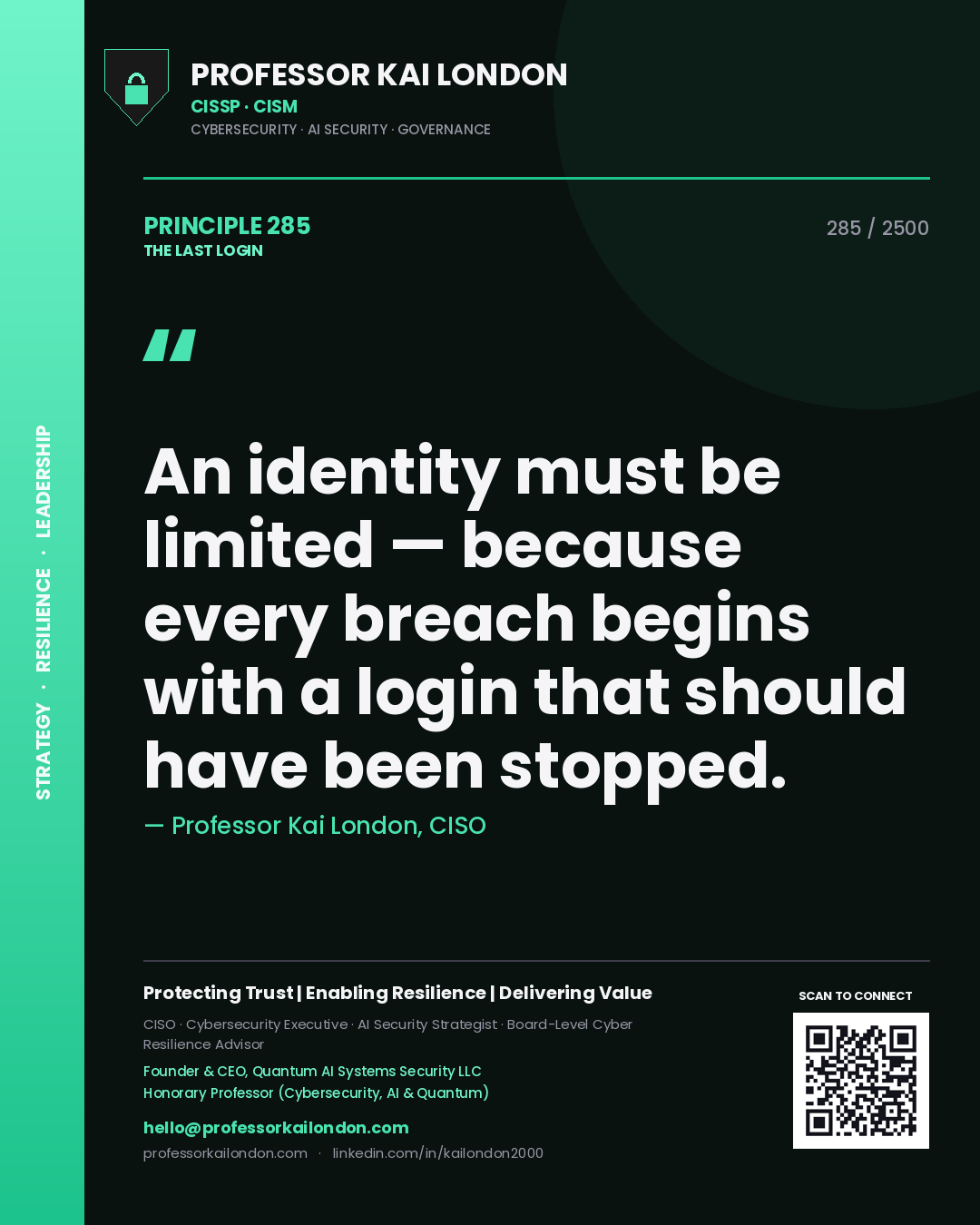 Professor Kai London principle 285: An identity must be limited — because every breach begins with a login that should have been stopped.