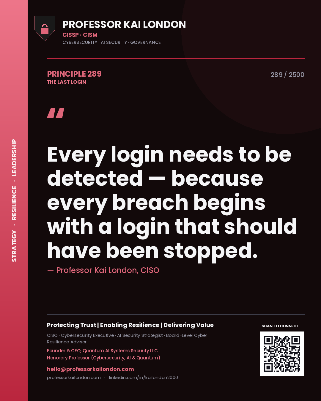 Professor Kai London principle 289: Every login needs to be detected — because every breach begins with a login that should have been stopped.