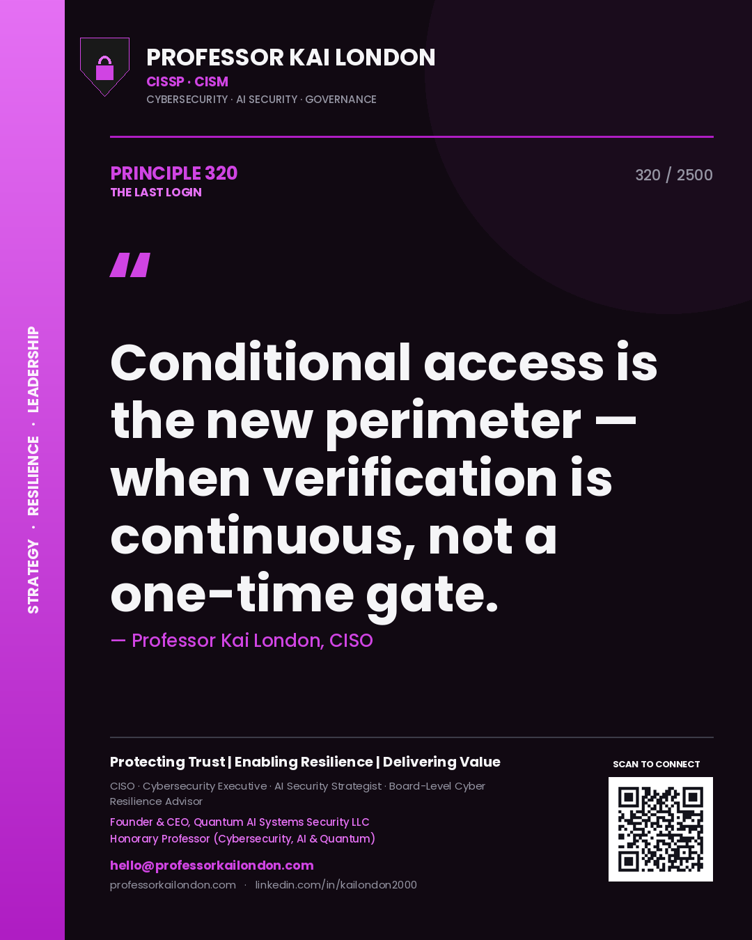 Professor Kai London principle 320: Conditional access is the new perimeter — when verification is continuous, not a one-time gate.