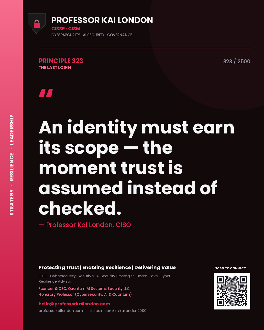 Professor Kai London principle 323: An identity must earn its scope — the moment trust is assumed instead of checked.