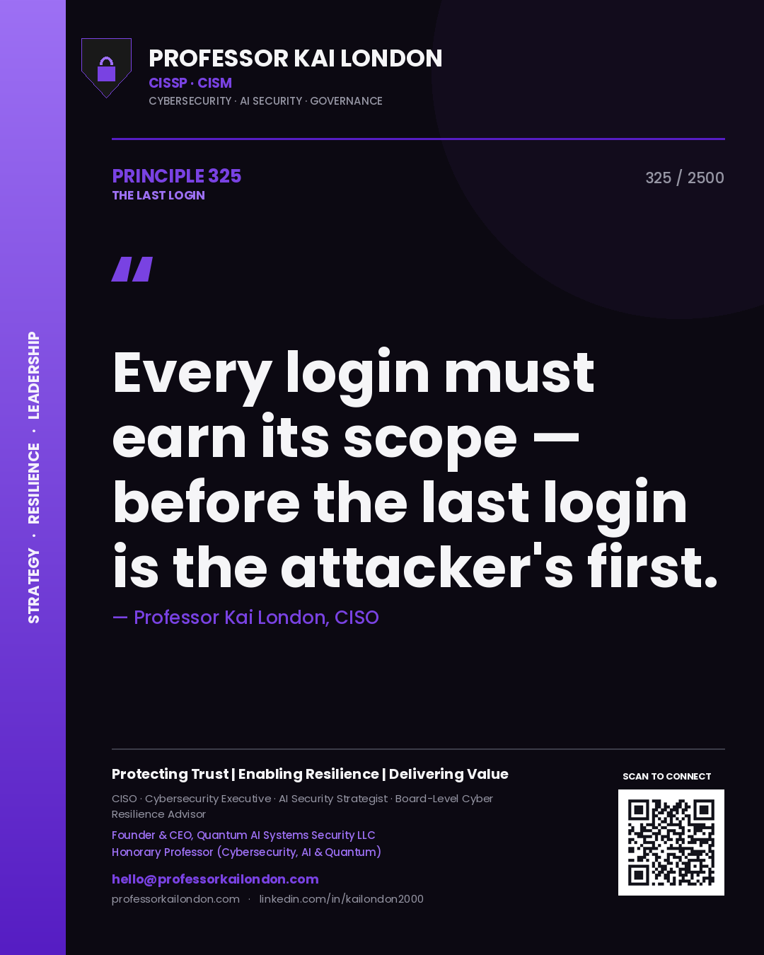 Professor Kai London principle 325: Every login must earn its scope — before the last login is the attacker's first.