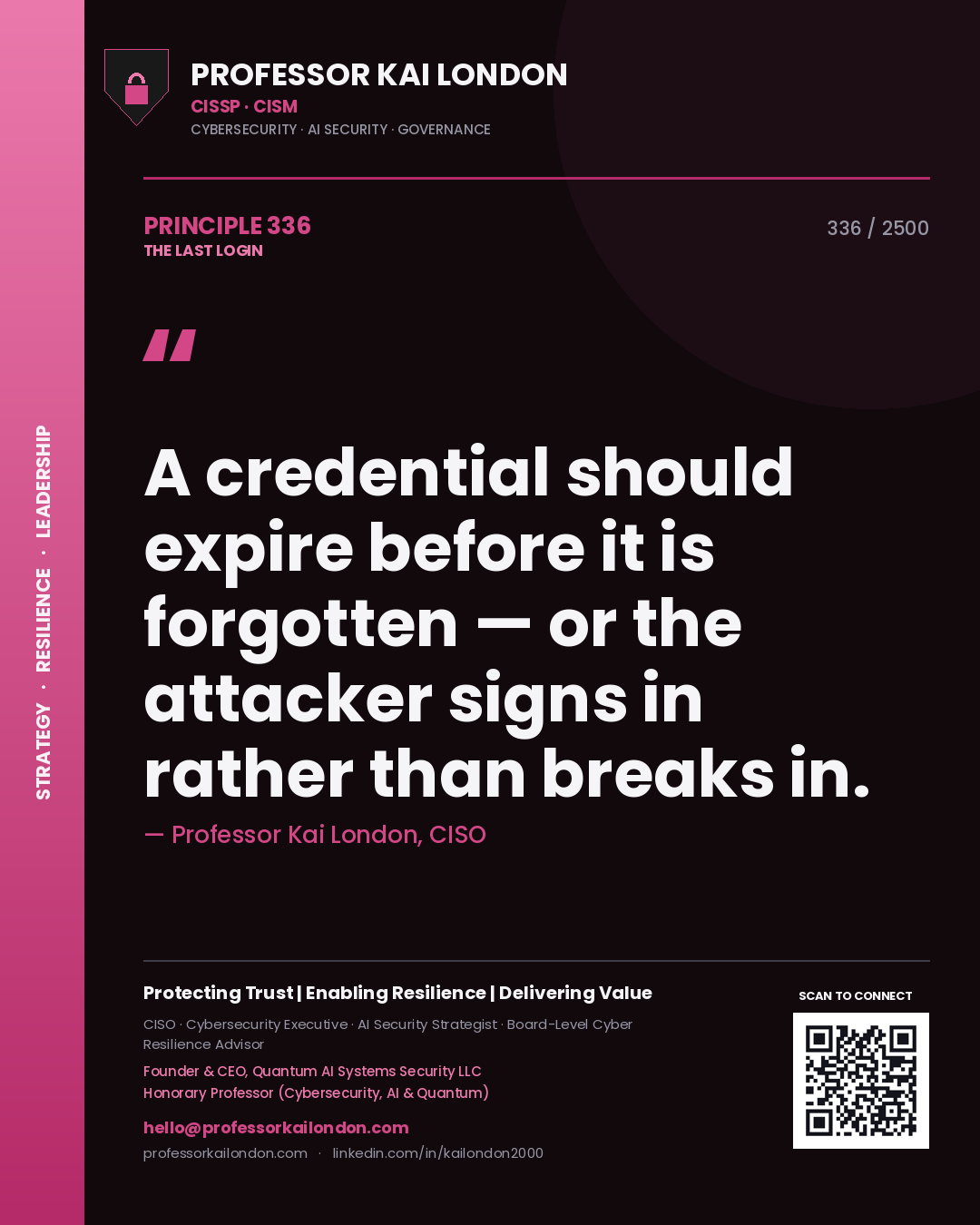 Professor Kai London principle 336: A credential should expire before it is forgotten — or the attacker signs in rather than breaks in.
