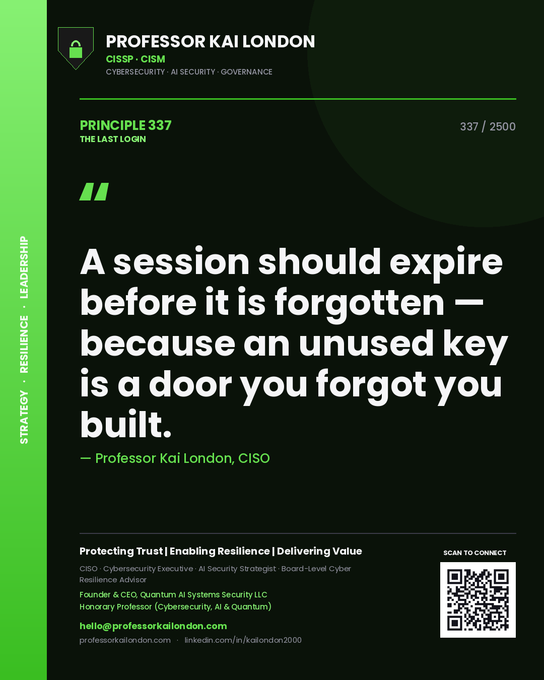 Professor Kai London principle 337: A session should expire before it is forgotten — because an unused key is a door you forgot you built.