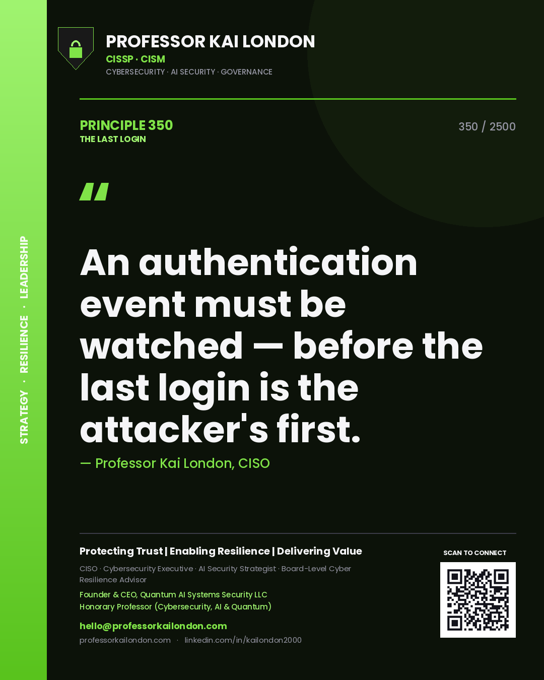 Professor Kai London principle 350: An authentication event must be watched — before the last login is the attacker's first.