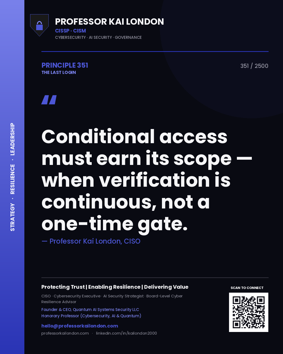 Professor Kai London principle 351: Conditional access must earn its scope — when verification is continuous, not a one-time gate.