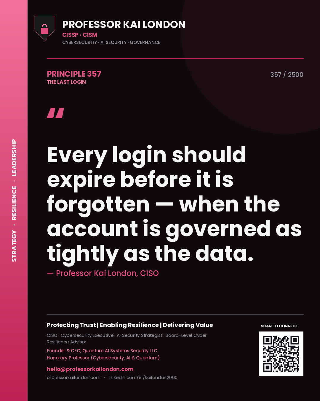 Professor Kai London principle 357: Every login should expire before it is forgotten — when the account is governed as tightly as the data.