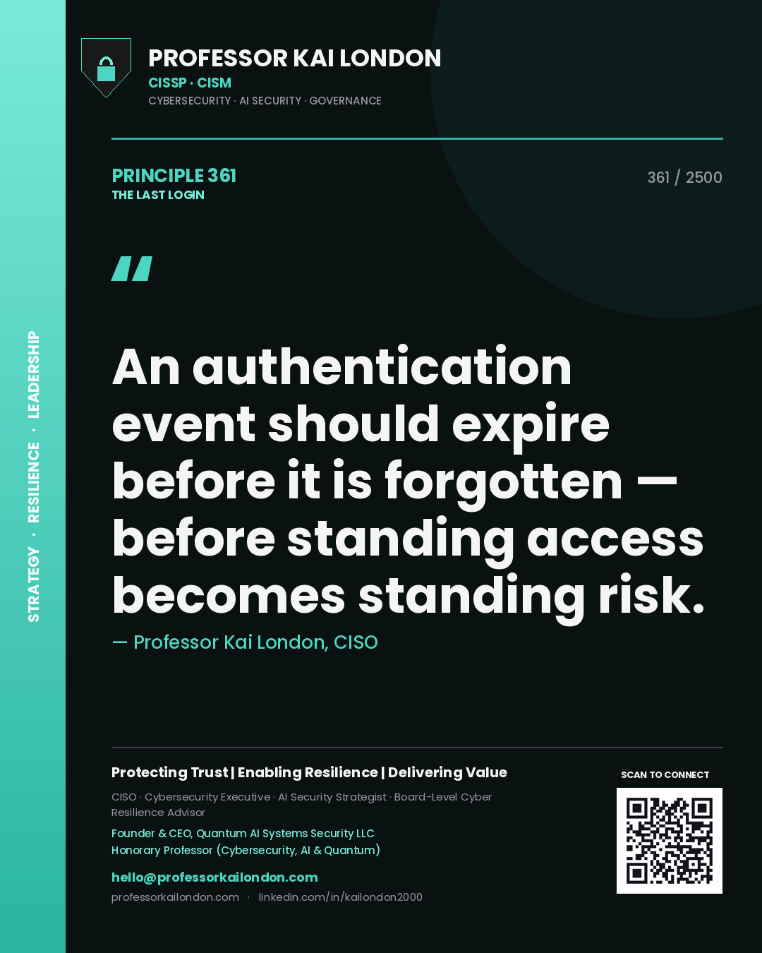 Professor Kai London principle 361: An authentication event should expire before it is forgotten — before standing access becomes standing risk.