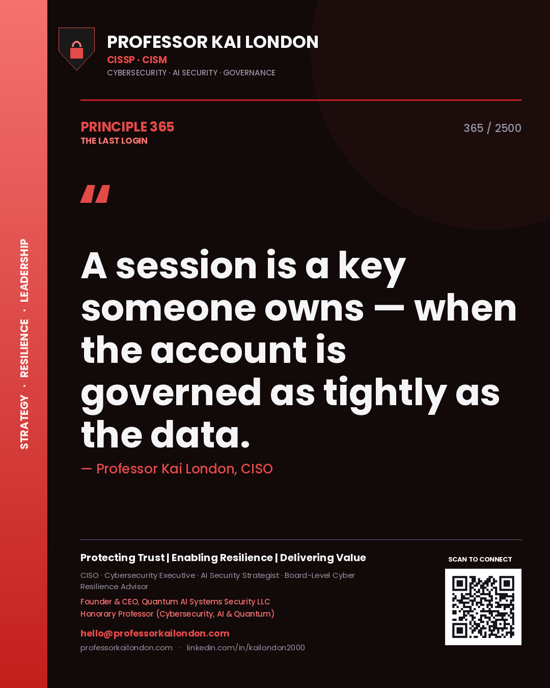 Professor Kai London principle 365: A session is a key someone owns — when the account is governed as tightly as the data.