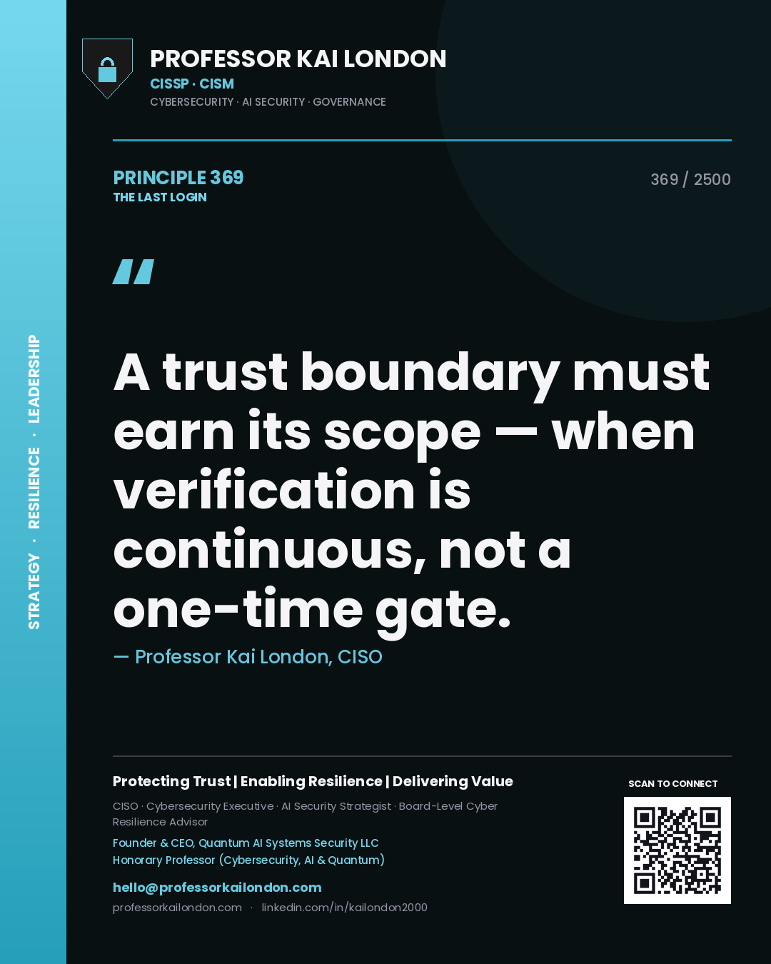 Professor Kai London principle 369: A trust boundary must earn its scope — when verification is continuous, not a one-time gate.