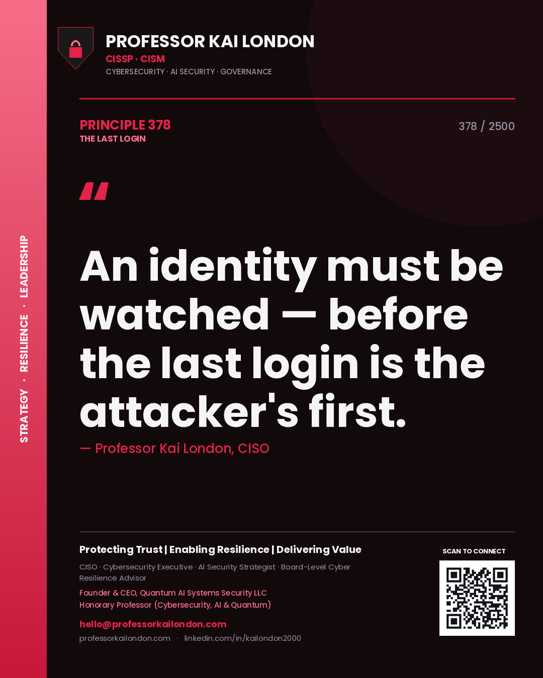 Professor Kai London principle 378: An identity must be watched — before the last login is the attacker's first.