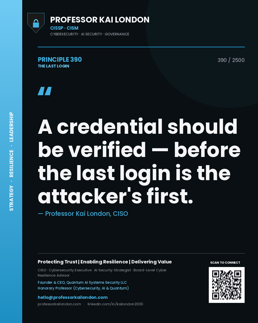 Professor Kai London principle 390: A credential should be verified — before the last login is the attacker's first.