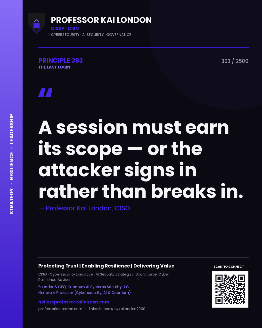 Professor Kai London principle 393: A session must earn its scope — or the attacker signs in rather than breaks in.