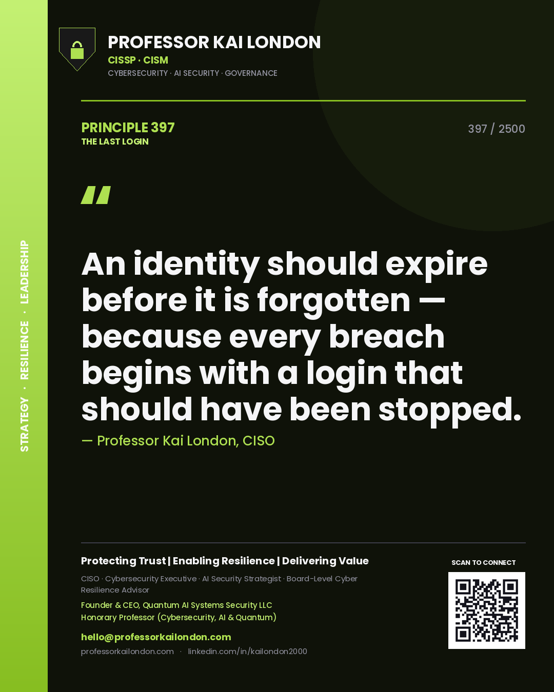 Professor Kai London principle 397: An identity should expire before it is forgotten — because every breach begins with a login that should have been stopped.