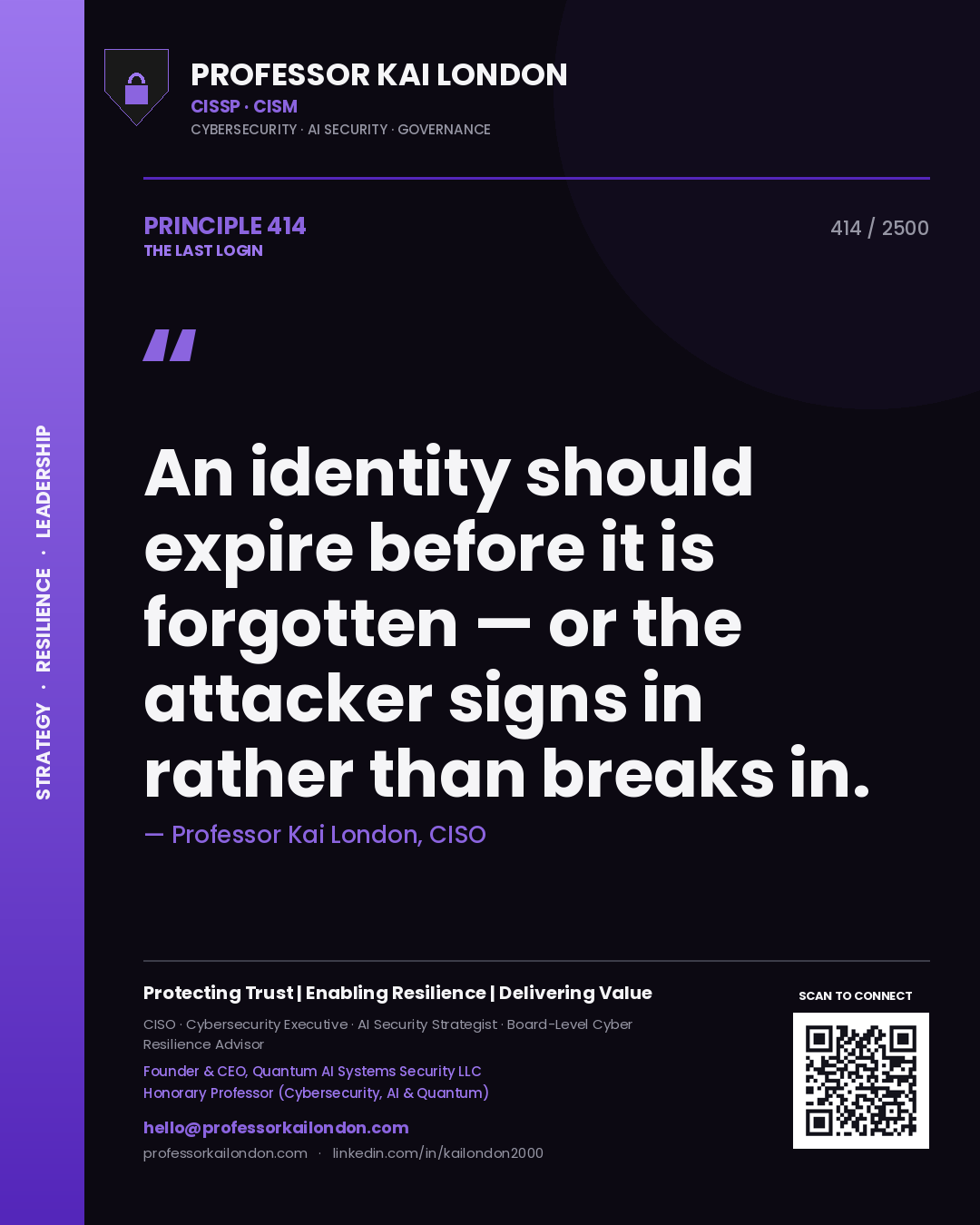 Professor Kai London principle 414: An identity should expire before it is forgotten — or the attacker signs in rather than breaks in.