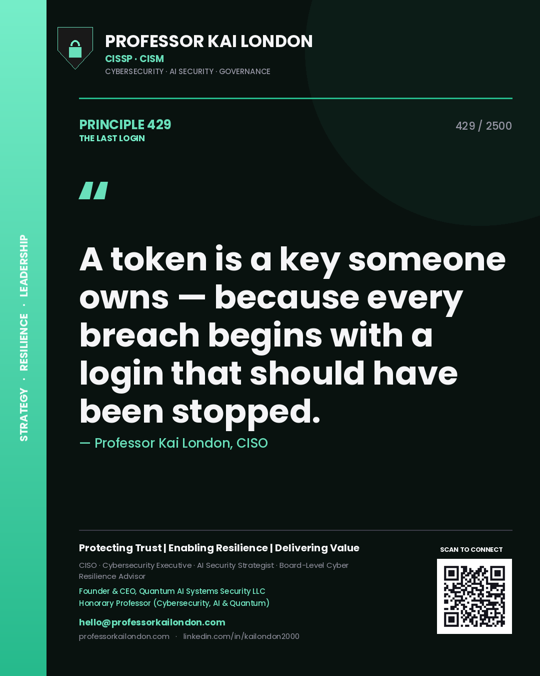 Professor Kai London principle 429: A token is a key someone owns — because every breach begins with a login that should have been stopped.