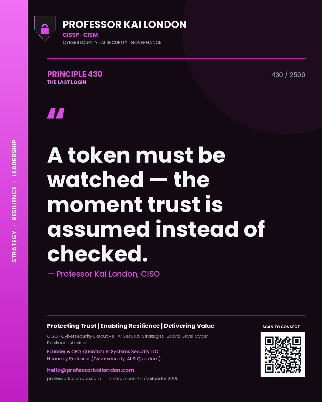 Quote card by Professor Kai London reading 'A token must be watched — the moment trust is assumed instead of checked.'. From the book The Last Login.