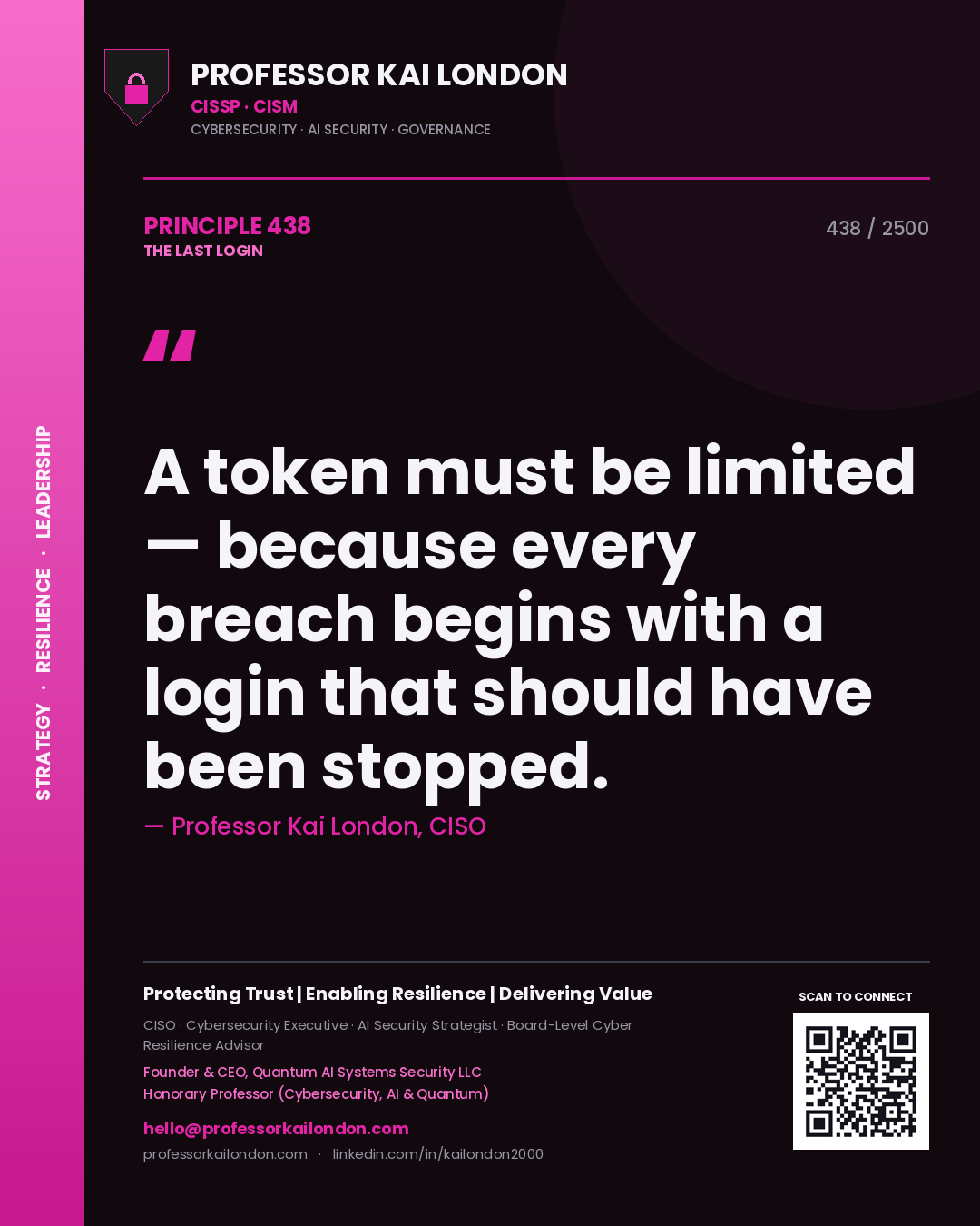 Professor Kai London principle 438: A token must be limited — because every breach begins with a login that should have been stopped.