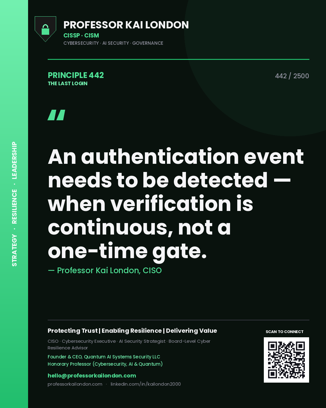 Professor Kai London principle 442: An authentication event needs to be detected — when verification is continuous, not a one-time gate.