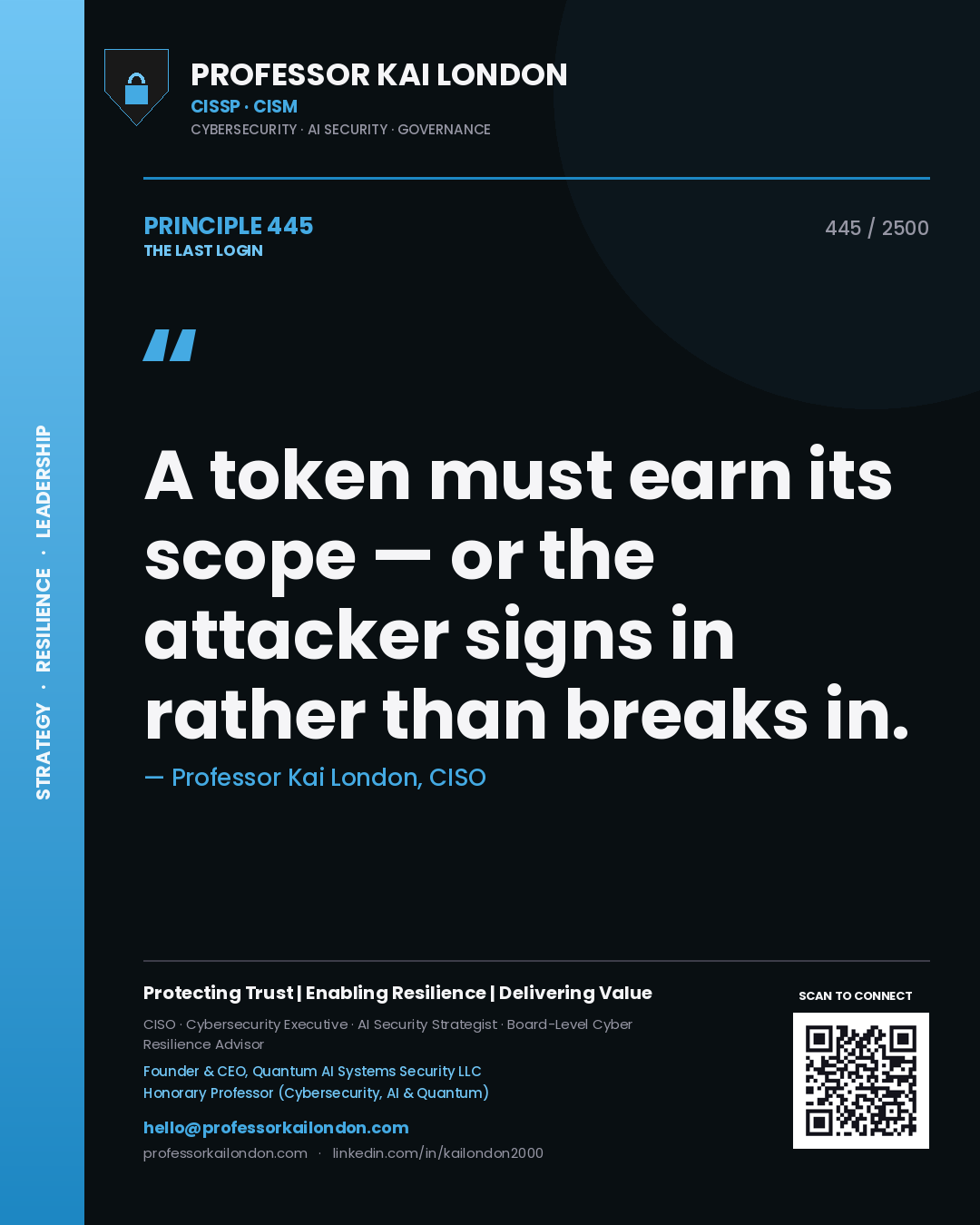 Professor Kai London principle 445: A token must earn its scope — or the attacker signs in rather than breaks in.