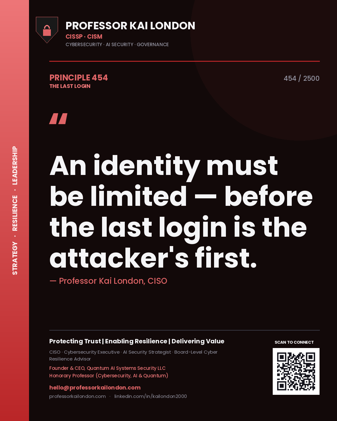 Professor Kai London principle 454: An identity must be limited — before the last login is the attacker's first.