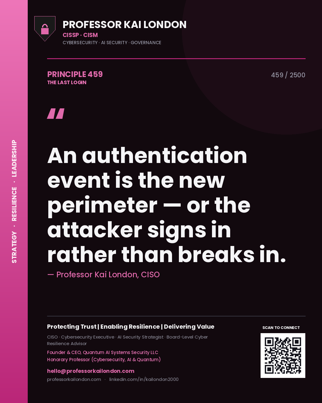 Professor Kai London principle 459: An authentication event is the new perimeter — or the attacker signs in rather than breaks in.
