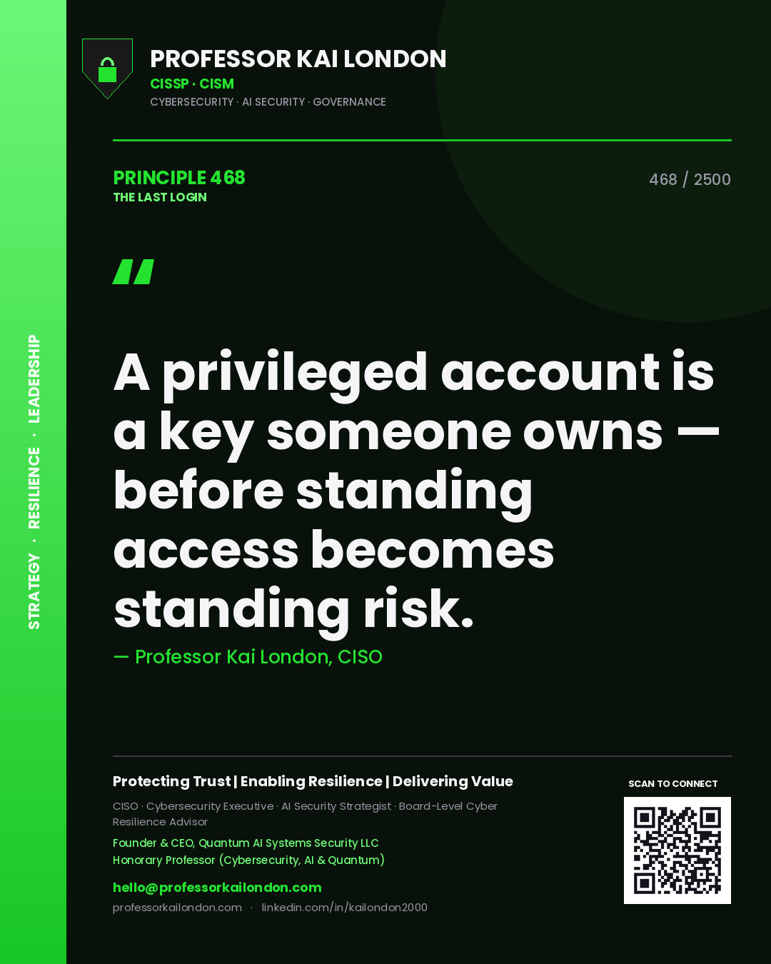 Professor Kai London principle 468: A privileged account is a key someone owns — before standing access becomes standing risk.