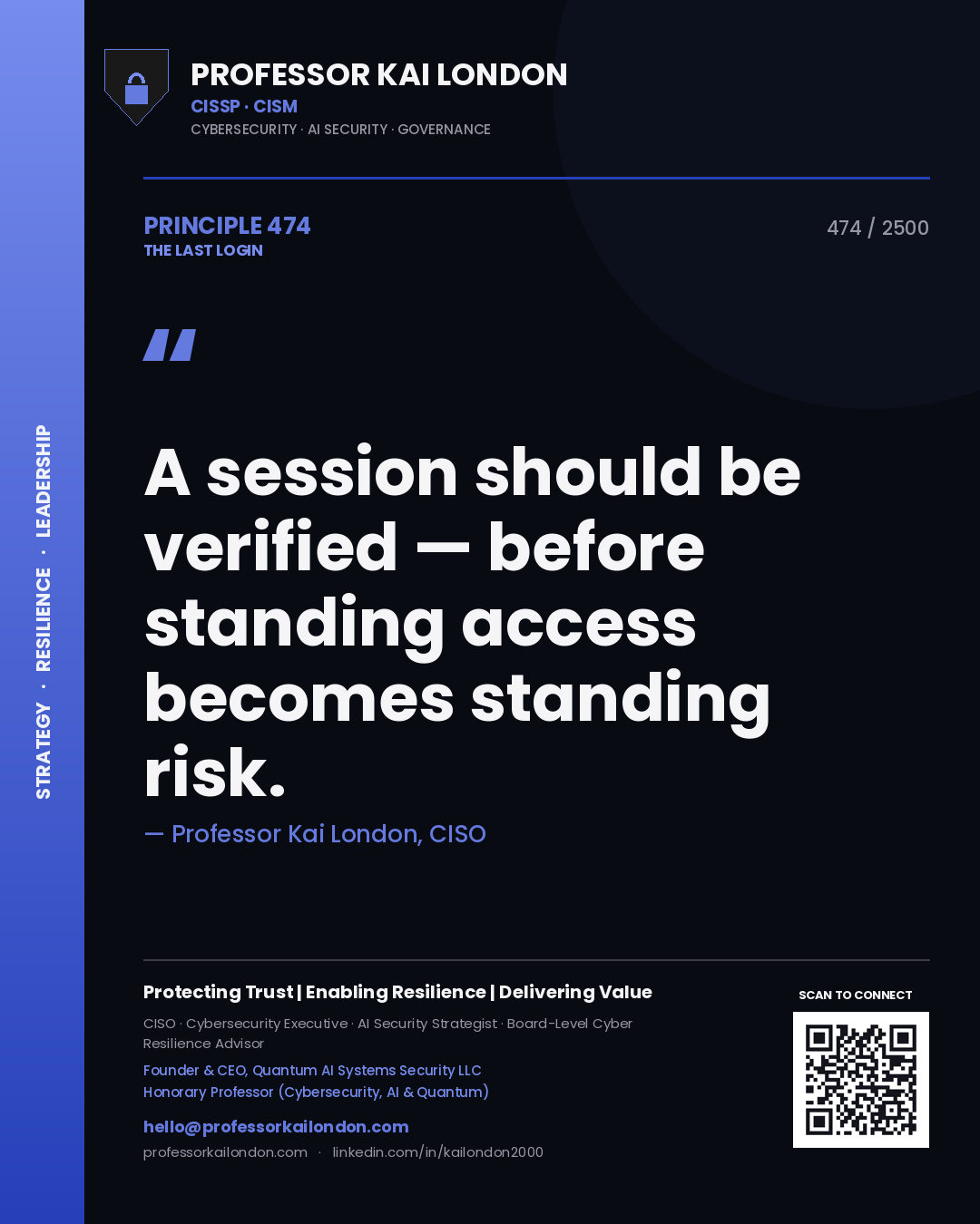 Professor Kai London principle 474: A session should be verified — before standing access becomes standing risk.