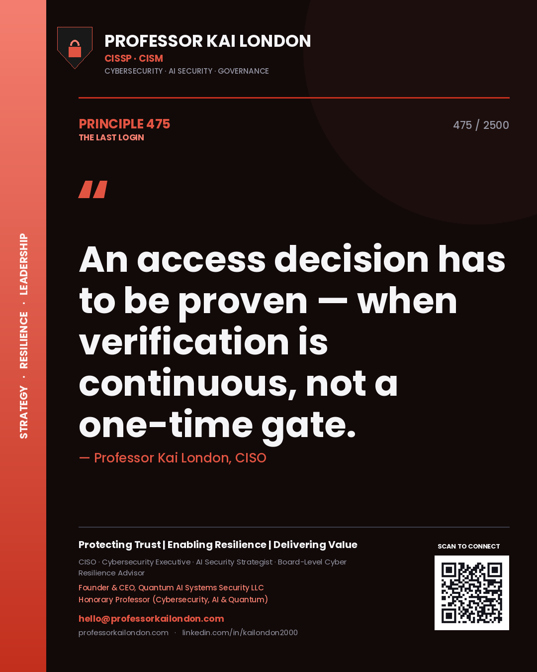 Professor Kai London principle 475: An access decision has to be proven — when verification is continuous, not a one-time gate.