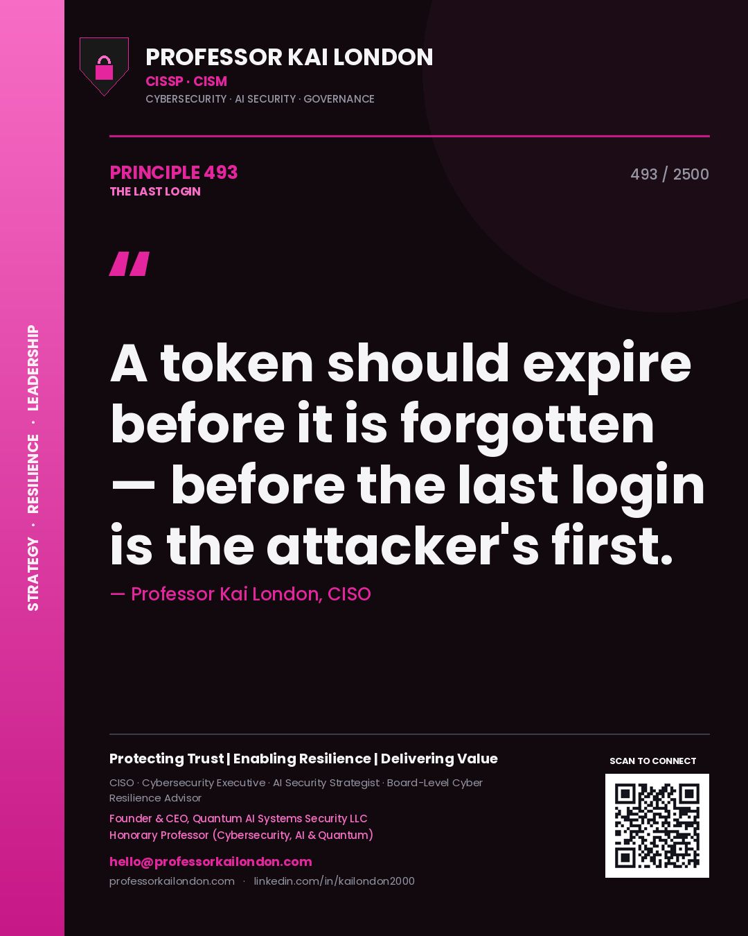 Professor Kai London principle 493: A token should expire before it is forgotten — before the last login is the attacker's first.