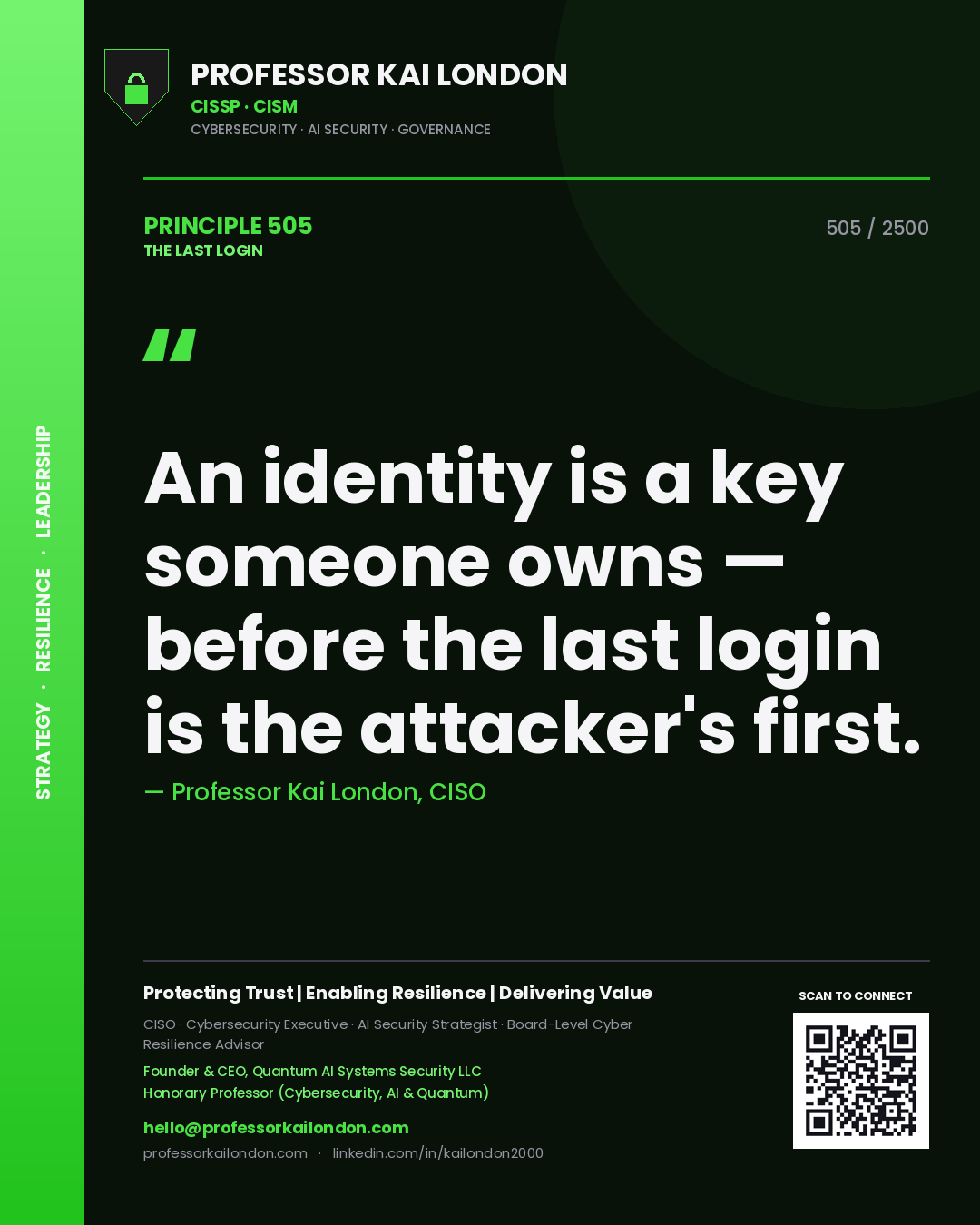 Professor Kai London principle 505: An identity is a key someone owns — before the last login is the attacker's first.