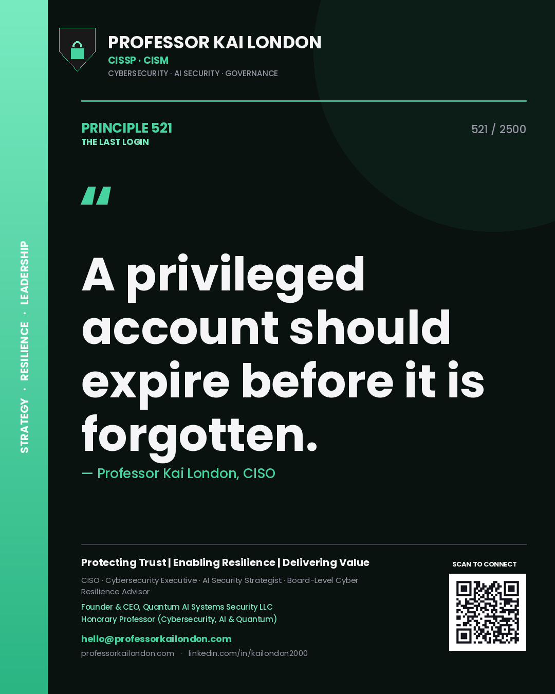 Quote card by Professor Kai London reading 'A privileged account should expire before it is forgotten.'. From the book The Last Login.