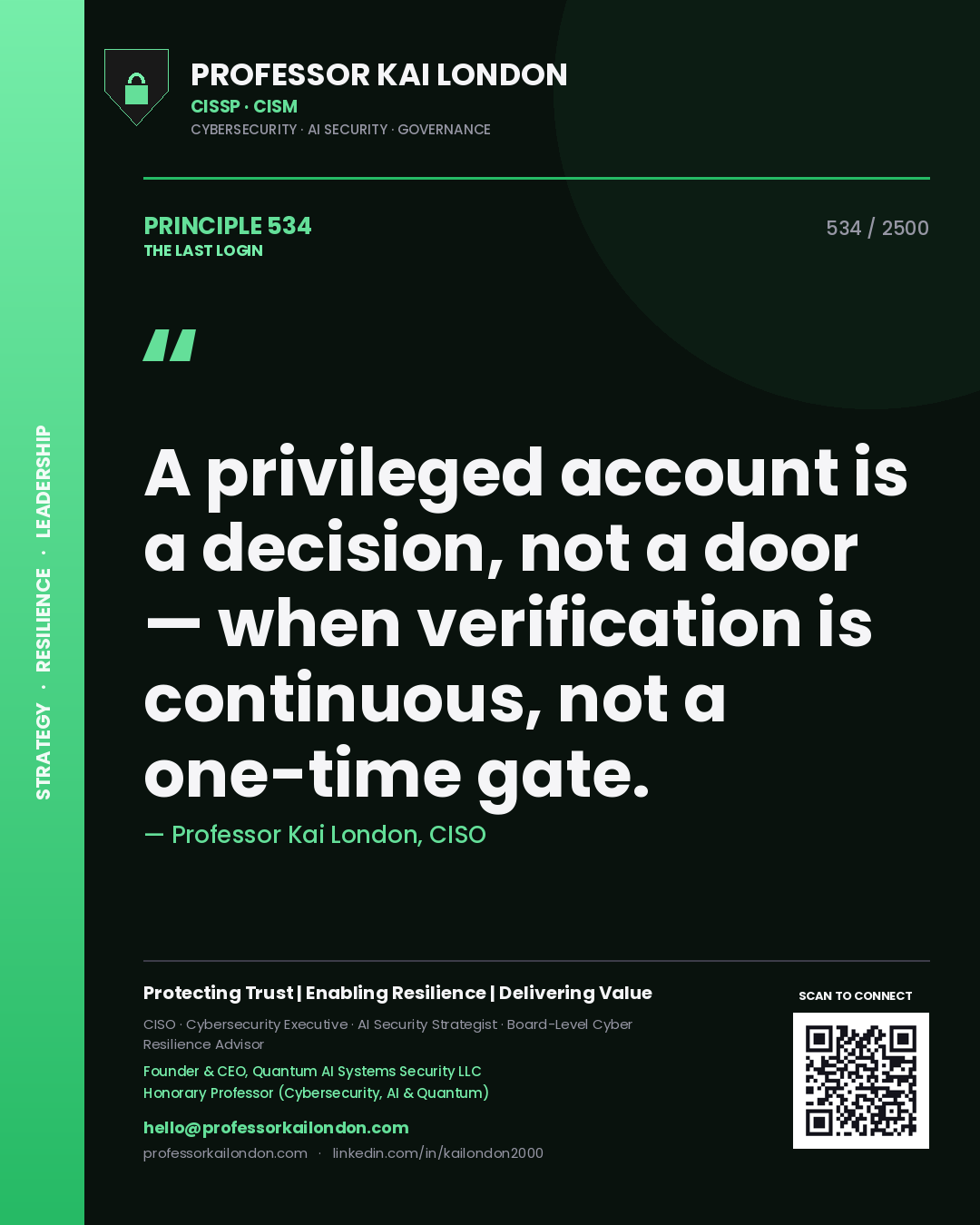 Professor Kai London principle 534: A privileged account is a decision, not a door — when verification is continuous, not a one-time gate.