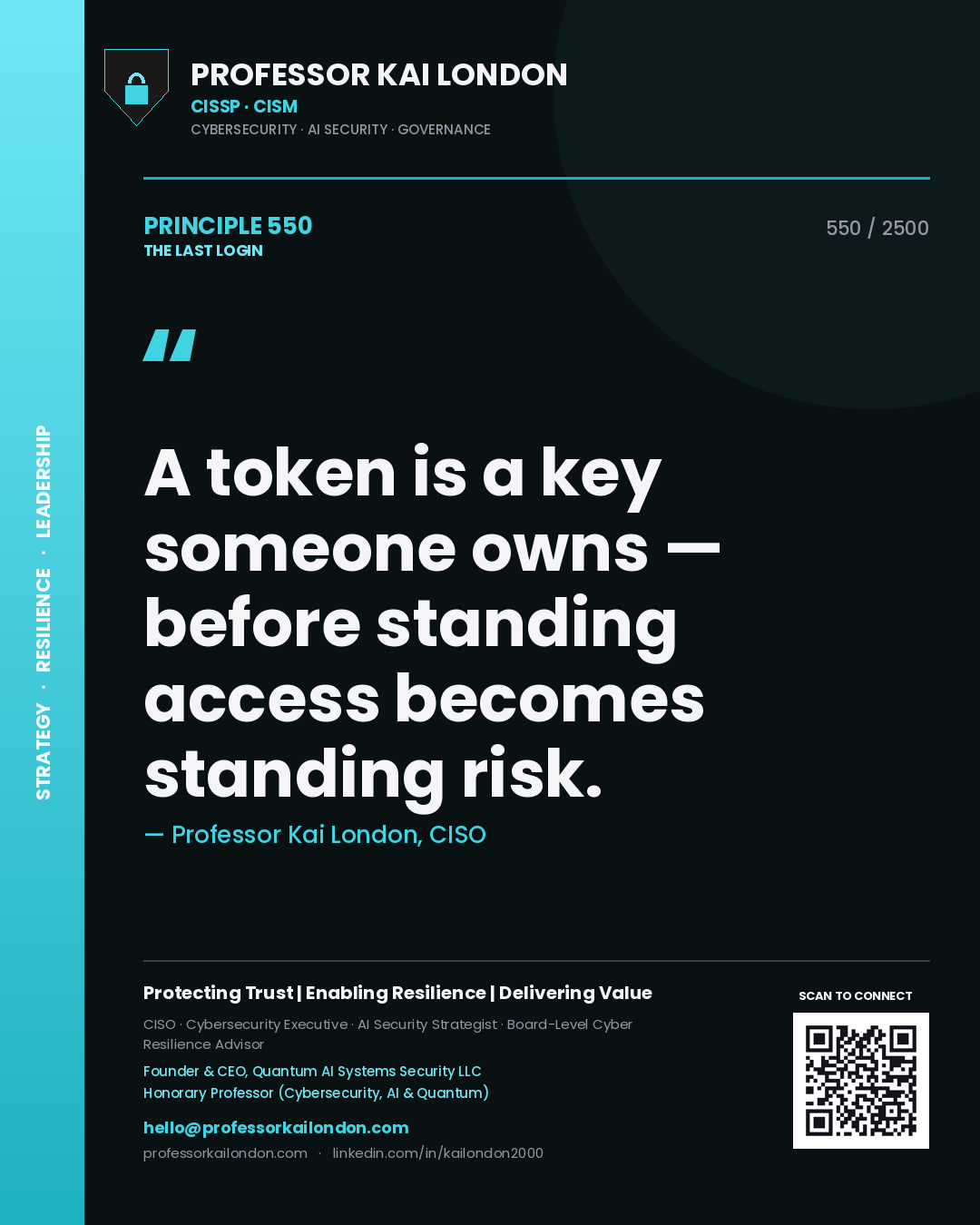 Professor Kai London principle 550: A token is a key someone owns — before standing access becomes standing risk.