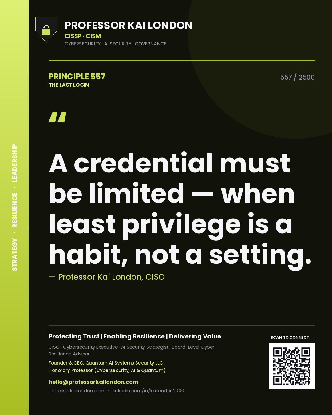 Professor Kai London principle 557: A credential must be limited — when least privilege is a habit, not a setting.