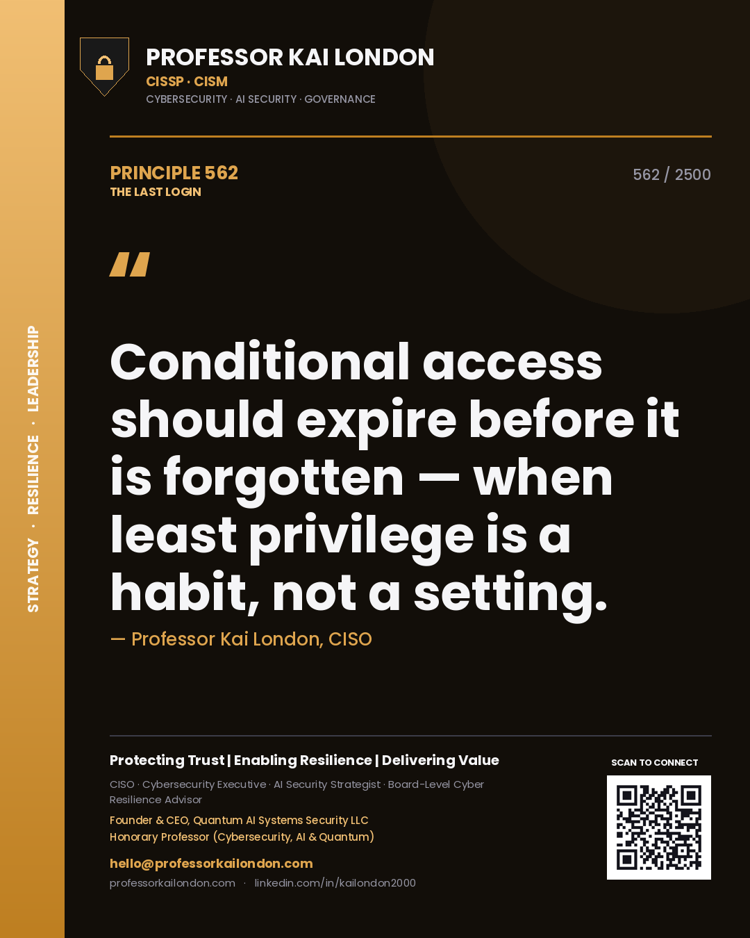 Professor Kai London principle 562: Conditional access should expire before it is forgotten — when least privilege is a habit, not a setting.