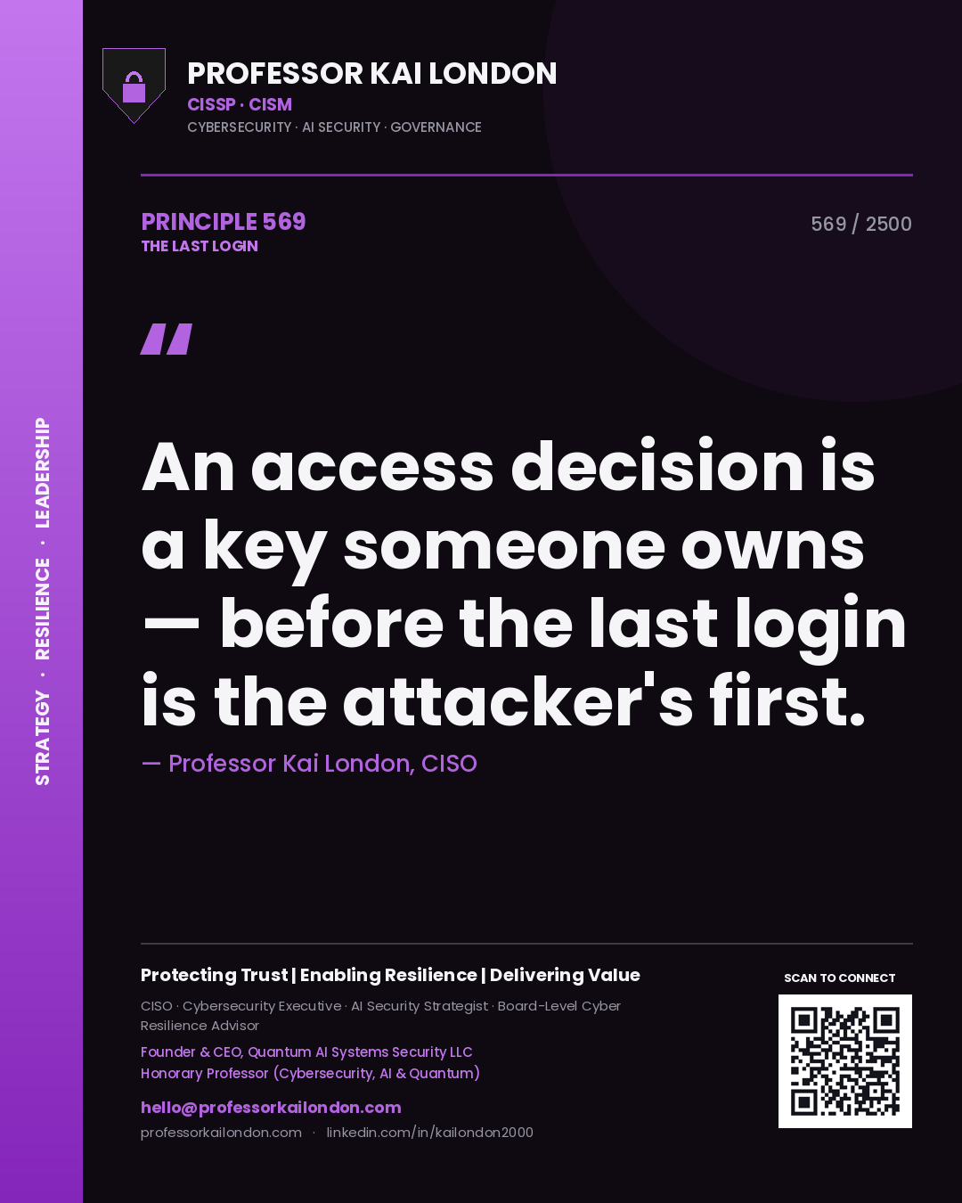 Professor Kai London principle 569: An access decision is a key someone owns — before the last login is the attacker's first.
