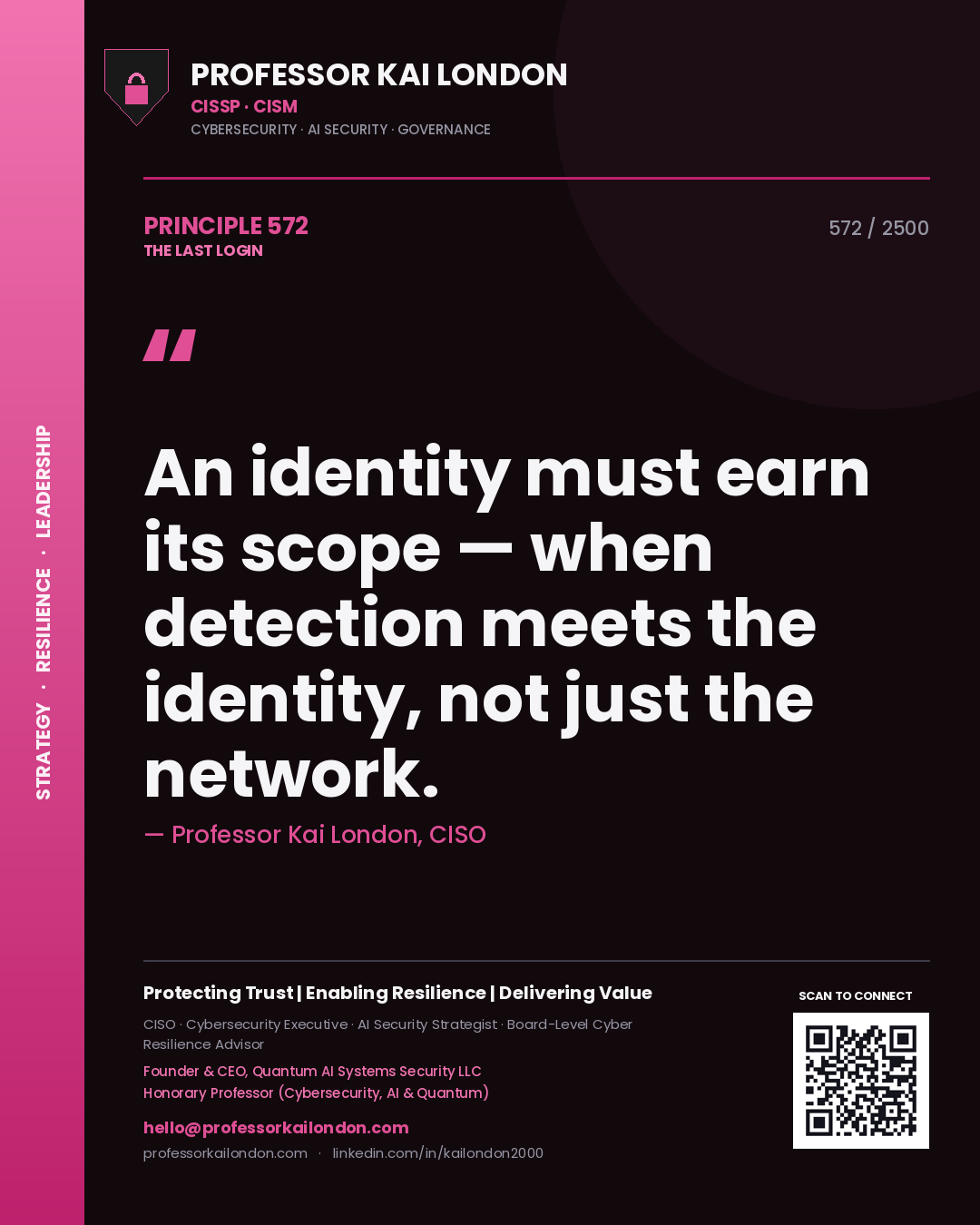 Professor Kai London principle 572: An identity must earn its scope — when detection meets the identity, not just the network.