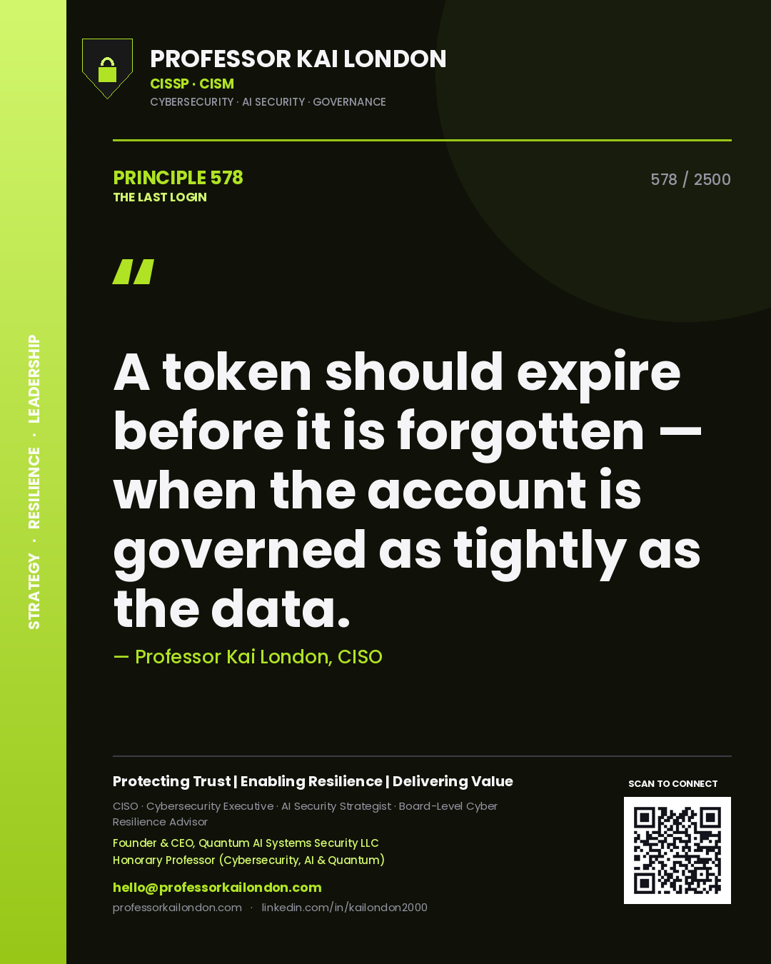 Professor Kai London principle 578: A token should expire before it is forgotten — when the account is governed as tightly as the data.